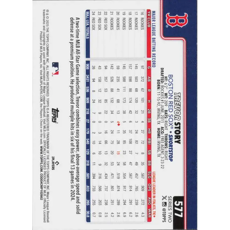 2025 Topps #577 Trevor Story NM-MT Boston Red Sox Baseball Card - Baseball Card Single