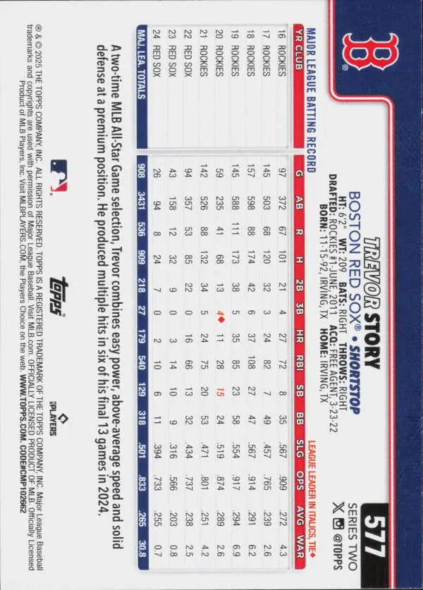 2025 Topps #577 Trevor Story NM-MT Red Sox ID:78436 - Baseball Card Single