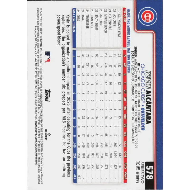 2025 Topps #578 Kevin Alcantara NM-MT RC Rookie Chicago Cubs Baseball Card - Baseball Card Single