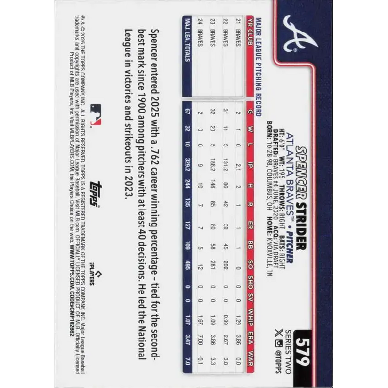 2025 Topps #579 Spencer Strider NM-MT Atlanta Braves Baseball Card