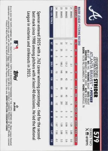 2025 Topps #579 Spencer Strider NM-MT Braves ID:78437 - Baseball Card Single