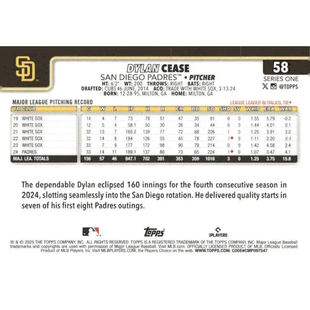 2025 Topps #58 Dylan Cease NM-MT San Diego Padres Baseball Card - Baseball Card Single