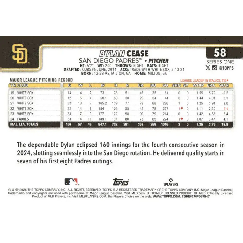 2025 Topps #58 Dylan Cease NM-MT San Diego Padres Baseball Card - Baseball Card Single