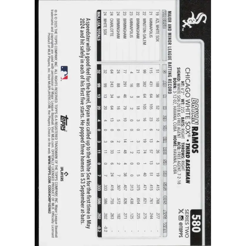 2025 Topps #580 Bryan Ramos NM-MT Chicago White Sox Baseball Card - Baseball Card Single