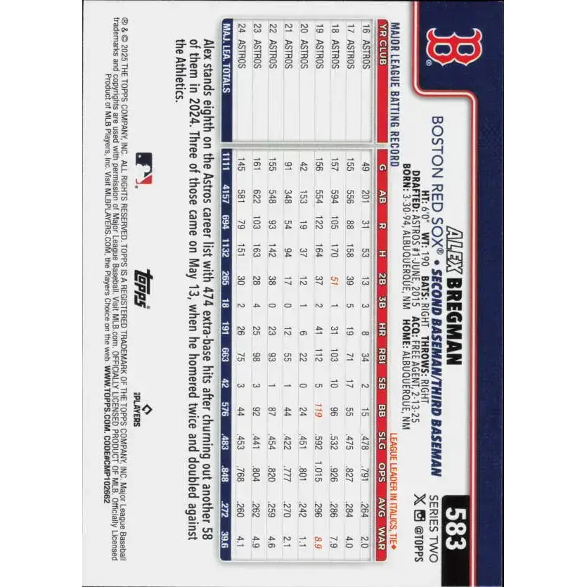 2025 Topps #583 Alex Bregman NM-MT Boston Red Sox Baseball Card - Baseball Card Single