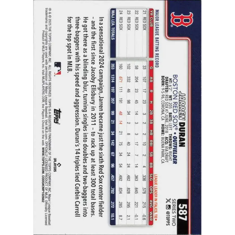 2025 Topps #587 Jarren Duran NM-MT Boston Red Sox Baseball Card - Baseball Card Single