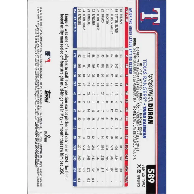 2025 Topps #589 Ezequiel Duran NM-MT Texas Rangers Baseball Card - Baseball Card Single
