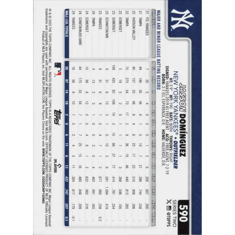 2025 Topps #590 Jasson Dominguez NM-MT New York Yankees Baseball Card - Baseball Card Single