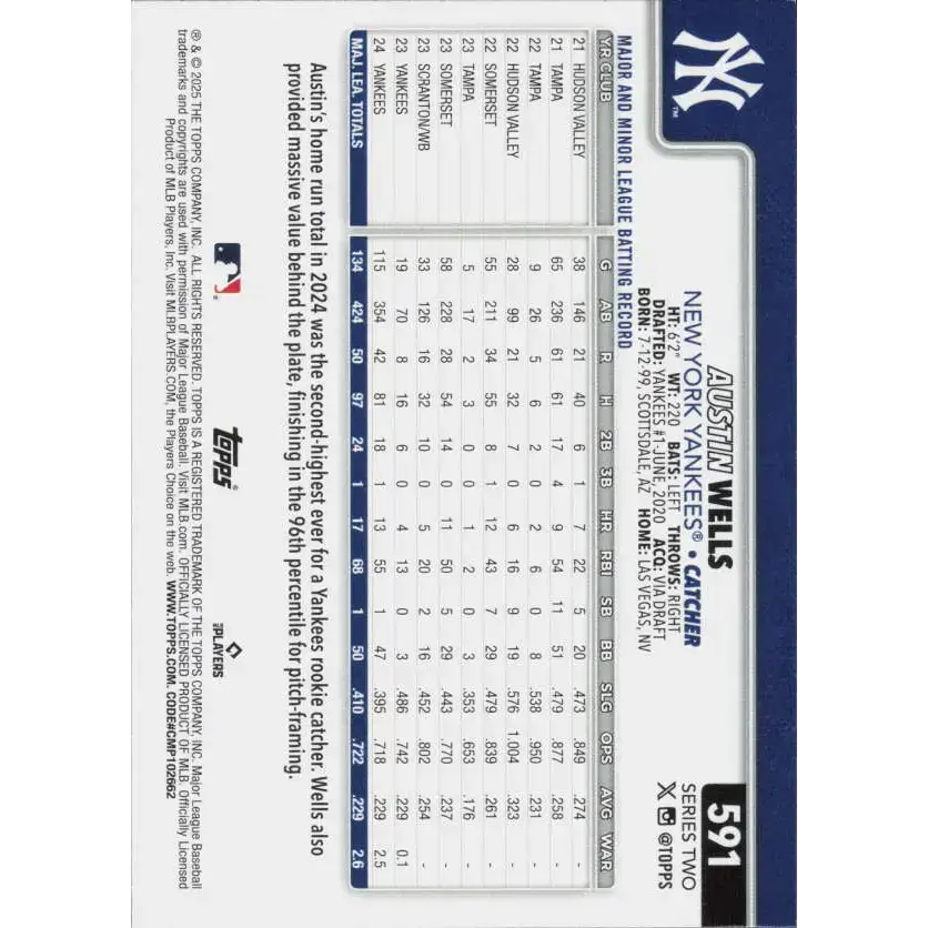 2025 Topps #591 Austin Wells NM-MT New York Yankees Baseball Card - Baseball Card Single
