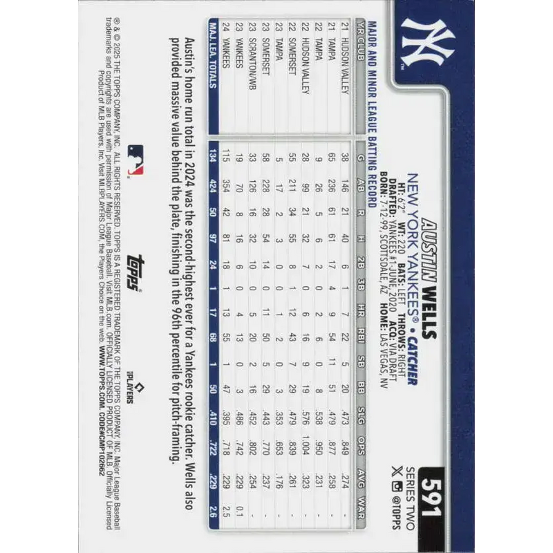 2025 Topps #591 Austin Wells NM-MT New York Yankees Baseball Card - Baseball Card Single
