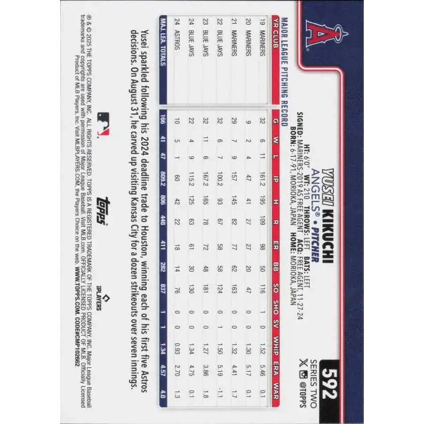 2025 Topps #592 Yusei Kikuchi NM-MT Los Angeles Angels Baseball Card - Baseball Card Single