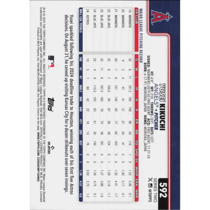 2025 Topps #592 Yusei Kikuchi NM-MT Los Angeles Angels Baseball Card - Baseball Card Single