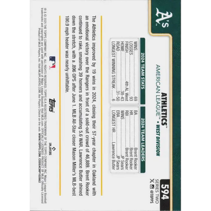 2025 Topps #594 Athletics NM-MT Athletics Baseball Card - Baseball Card Single