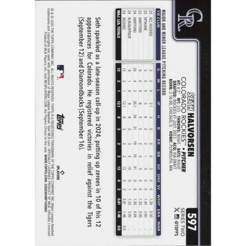 2025 Topps #597 Seth Halvorsen NM-MT RC Rookie Colorado Rockies Baseball Card - Baseball Card Single