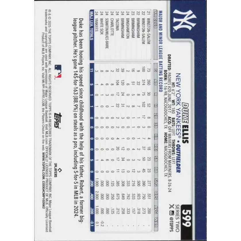 2025 Topps #599 Duke Ellis NM-MT RC Rookie New York Yankees Baseball Card - Baseball Card Single