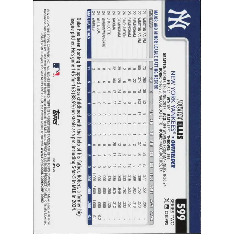 2025 Topps #599 Duke Ellis NM-MT RC Rookie New York Yankees Baseball Card - Baseball Card Single