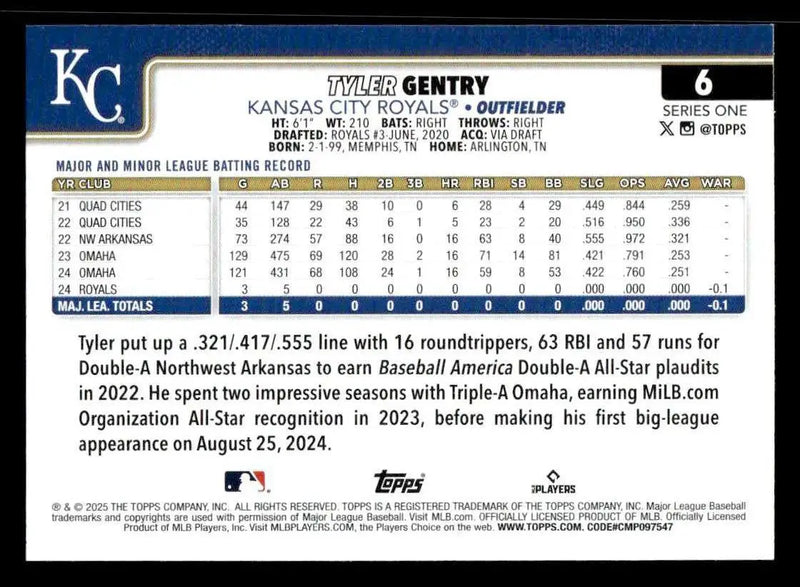 2025 Topps #6 Tyler Gentry - Baseball Card Single