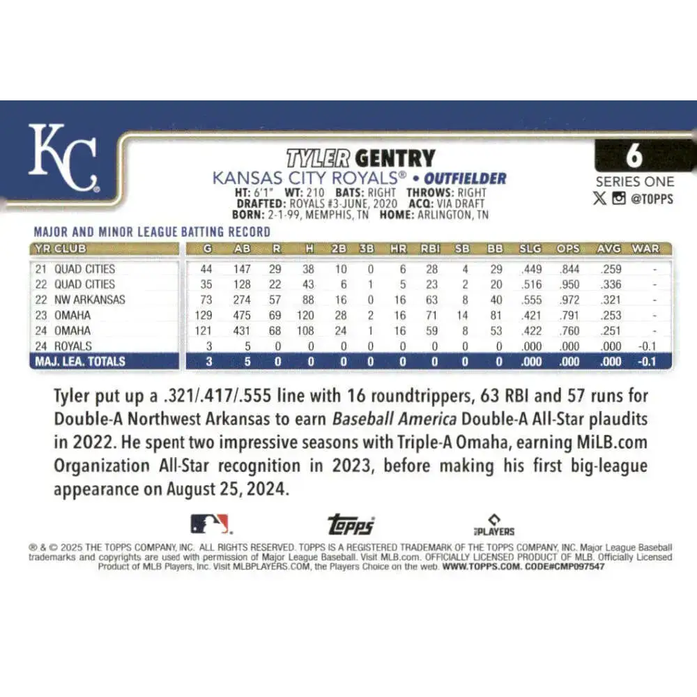 2025 Topps #6 Tyler Gentry NM-MT RC Rookie Kansas City Royals Baseball Card - Baseball Card Single