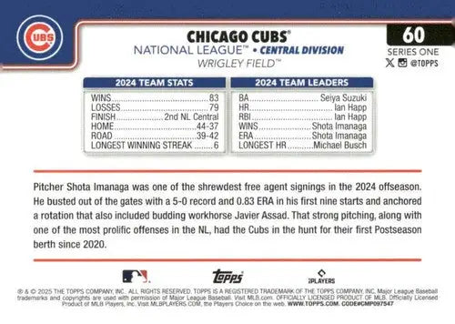 Chicago Cubs baseball card with original gloss from 2025 Topps #60 NM-MT