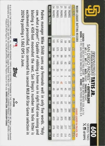 2025 Topps #600 Fernando Tatis Jr. NM-MT Padres ID:78446 - Baseball Card Single