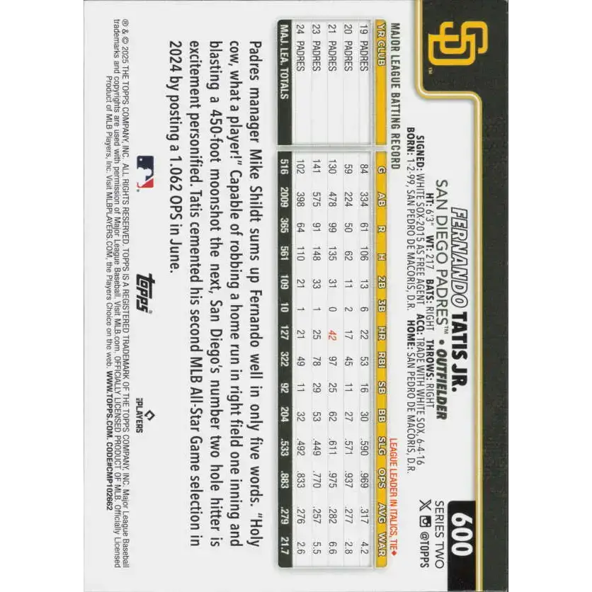 2025 Topps #600 Fernando Tatis Jr. NM-MT San Diego Padres Baseball Card - Baseball Card Single