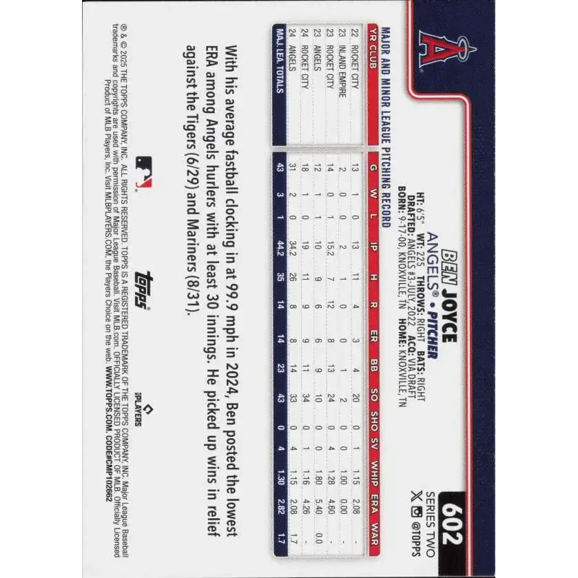 2025 Topps #602 Ben Joyce NM-MT Los Angeles Angels Baseball Card - Baseball Card Single