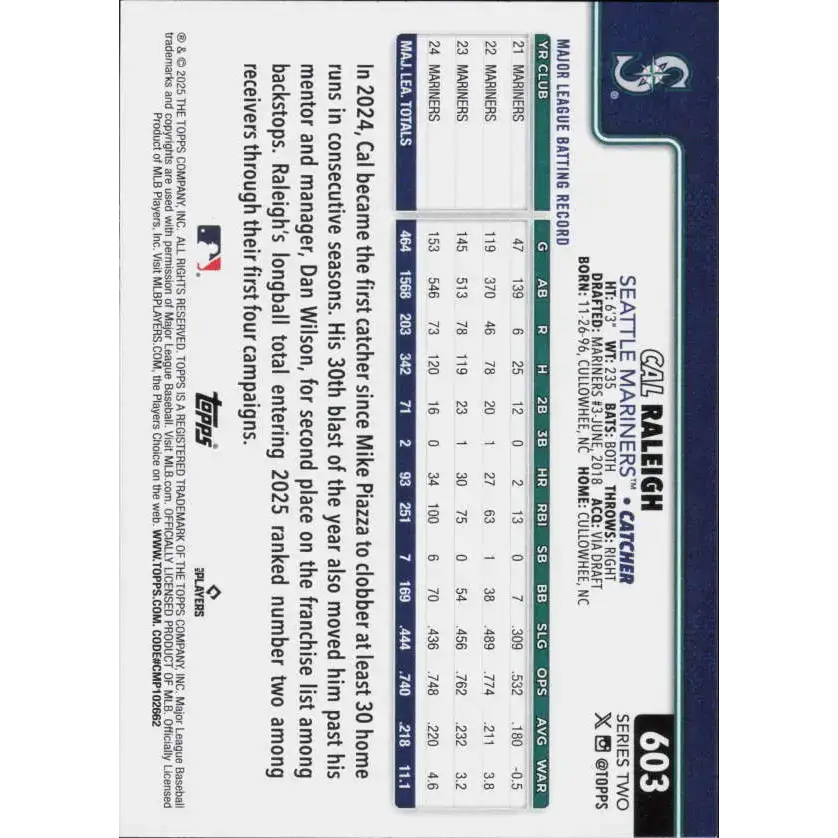 2025 Topps #603 Cal Raleigh NM-MT Seattle Mariners Baseball Card - Baseball Card Single