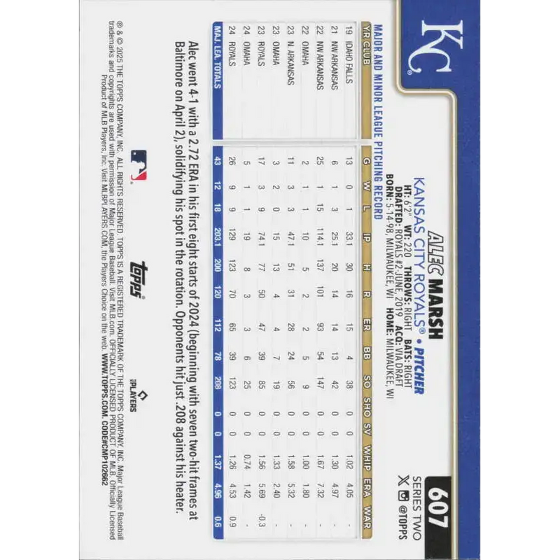 2025 Topps #607 Alec Marsh NM-MT Kansas City Royals Baseball Card - Baseball Card Single