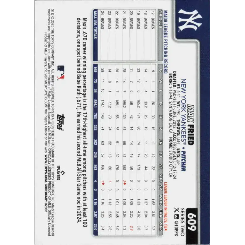 2025 Topps #609 Max Fried NM-MT New York Yankees Baseball Card - Baseball Card Single