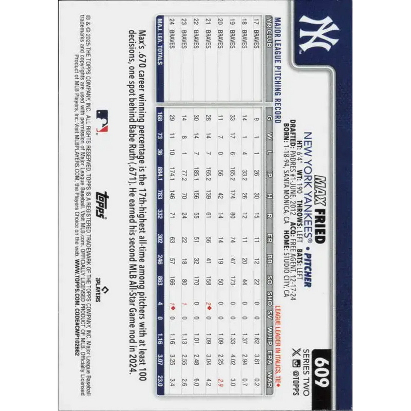 2025 Topps #609 Max Fried NM-MT New York Yankees Baseball Card - Baseball Card Single