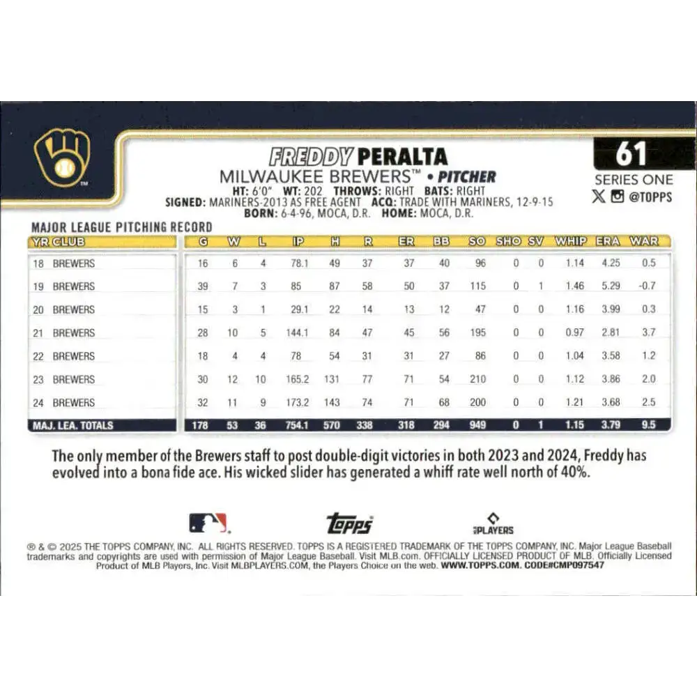 2025 Topps #61 Freddy Peralta NM-MT Milwaukee Brewers Baseball Card