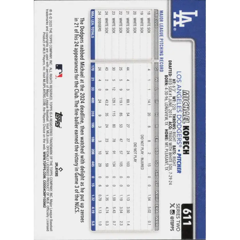 2025 Topps #611 Michael Kopech NM-MT Los Angeles Dodgers Baseball Card - Baseball Card Single