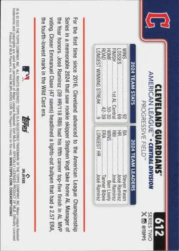 2025 Topps #612 Cleveland Guardians NM-MT Guardians Team Card ID:78449 - Baseball Card Single