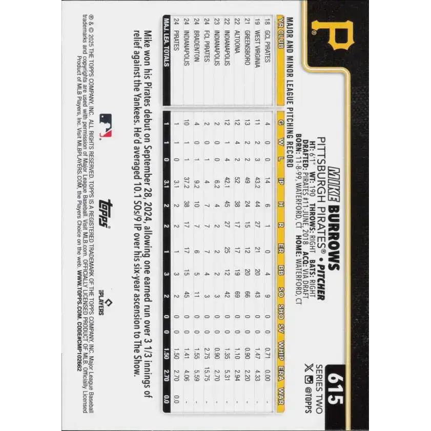 2025 Topps #615 Mike Burrows NM-MT RC Rookie Pittsburgh Pirates Baseball Card - Baseball Card Single