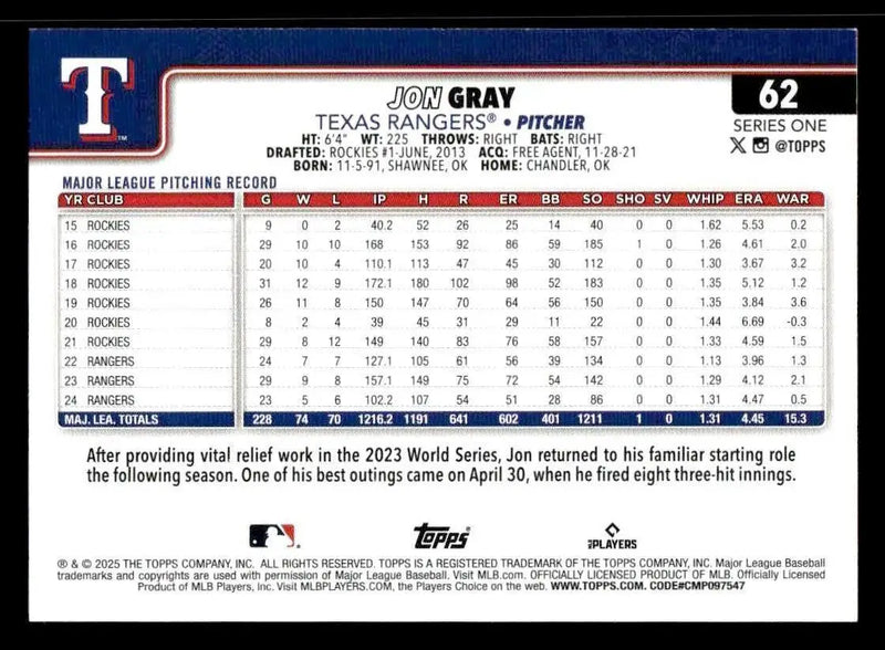 2025 Topps #62 Jon Gray - Baseball Card Single