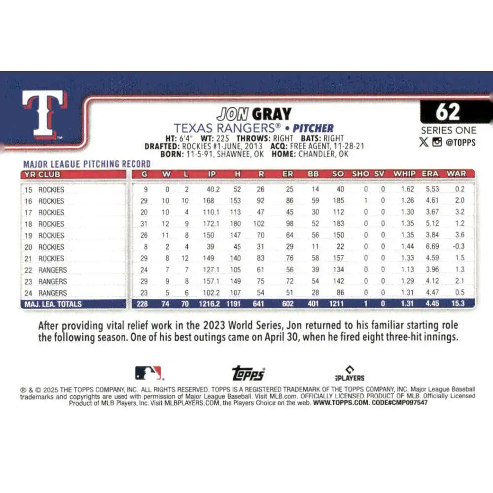 2025 Topps #62 Jon Gray NM-MT Texas Rangers Baseball Card - Baseball Card Single