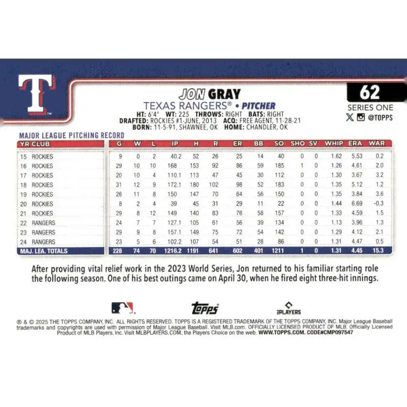 2025 Topps #62 Jon Gray NM-MT Texas Rangers Baseball Card - Baseball Card Single