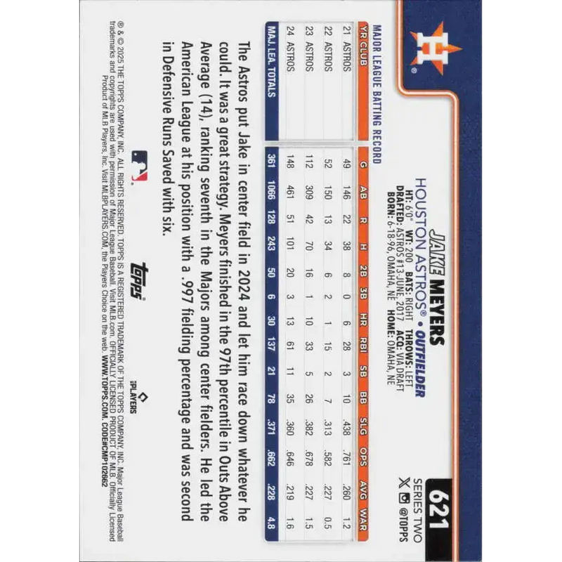 2025 Topps #621 Jake Meyers NM-MT Houston Astros Baseball Card - Baseball Card Single