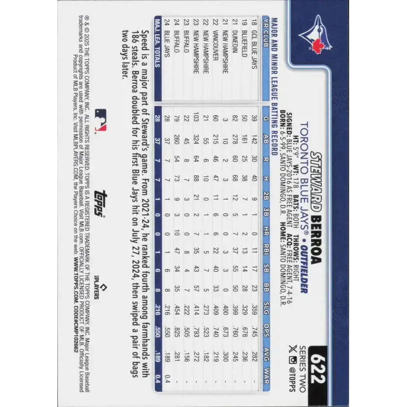 2025 Topps #622 Steward Berroa NM-MT RC Rookie Toronto Blue Jays Baseball Card - Baseball Card Single