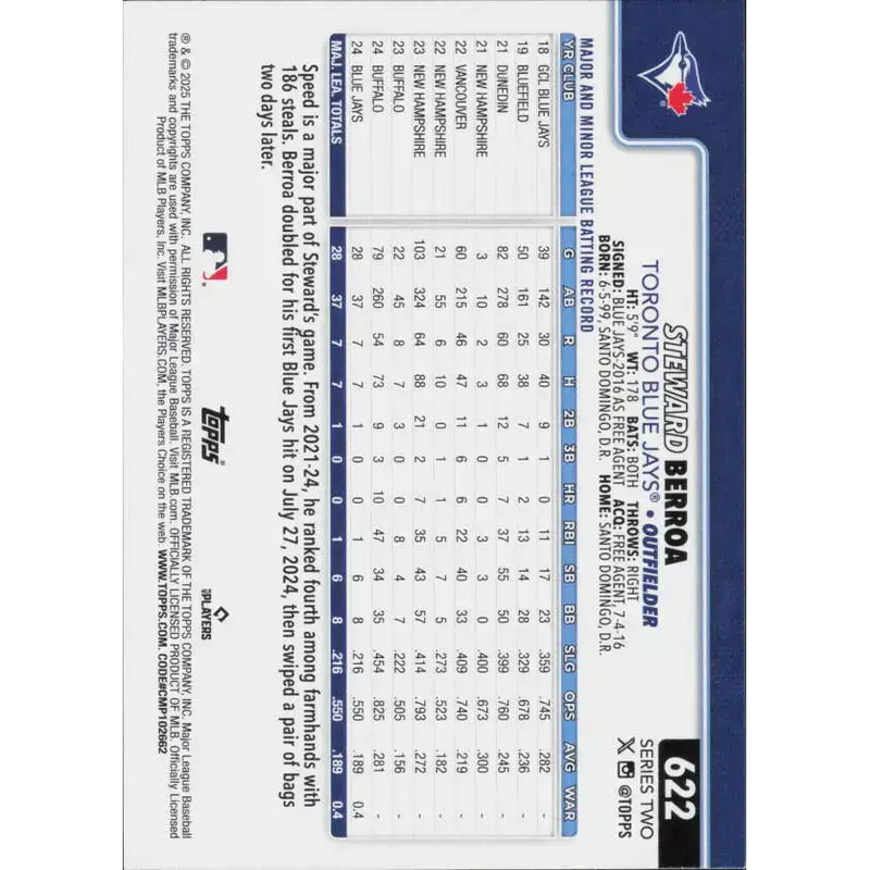 2025 Topps #622 Steward Berroa NM-MT RC Rookie Toronto Blue Jays Baseball Card - Baseball Card Single