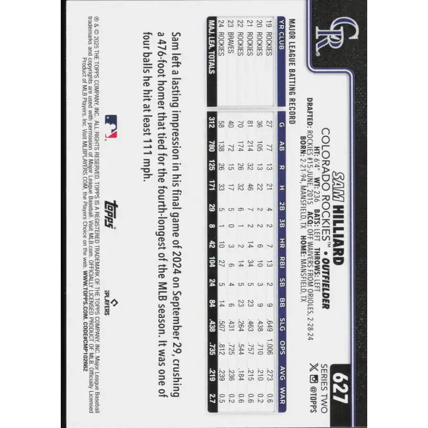 2025 Topps #627 Sam Hilliard NM-MT Colorado Rockies Baseball Card - Baseball Card Single