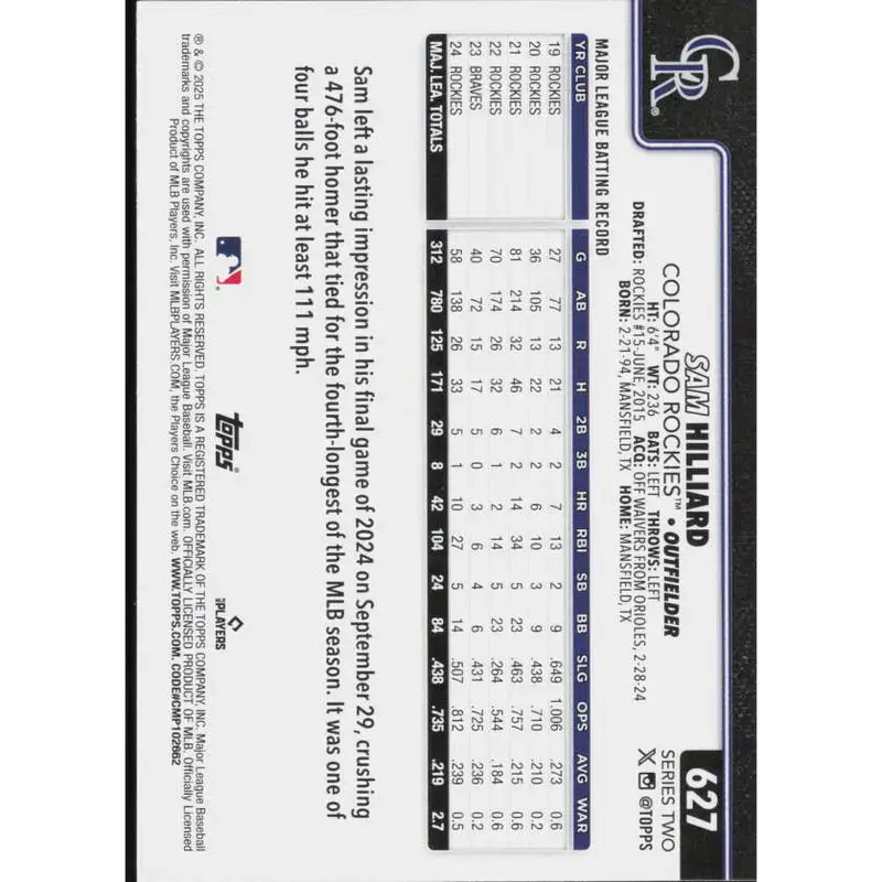 2025 Topps #627 Sam Hilliard NM-MT Colorado Rockies Baseball Card - Baseball Card Single