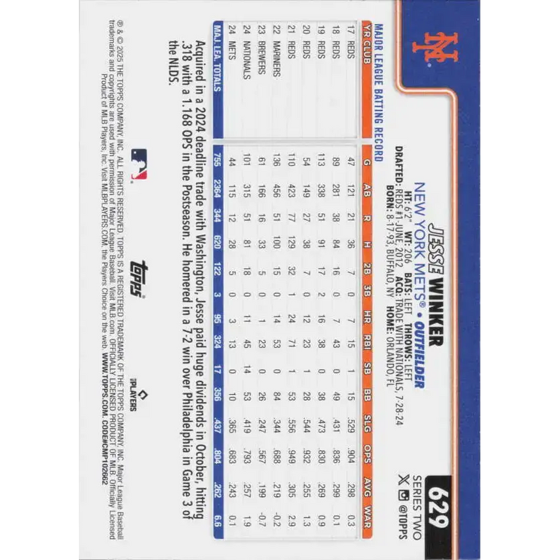 2025 Topps #629 Jesse Winker NM-MT New York Mets Baseball Card - Baseball Card Single