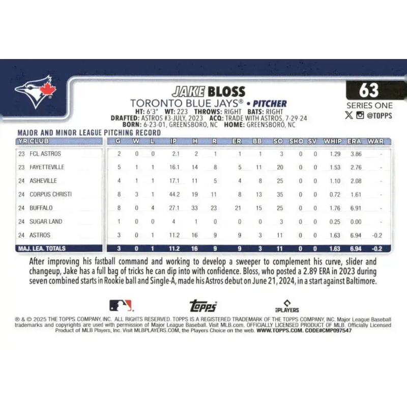 2025 Topps #63 Jake Bloss NM-MT RC Rookie Toronto Blue Jays Baseball Card - Baseball Card Single