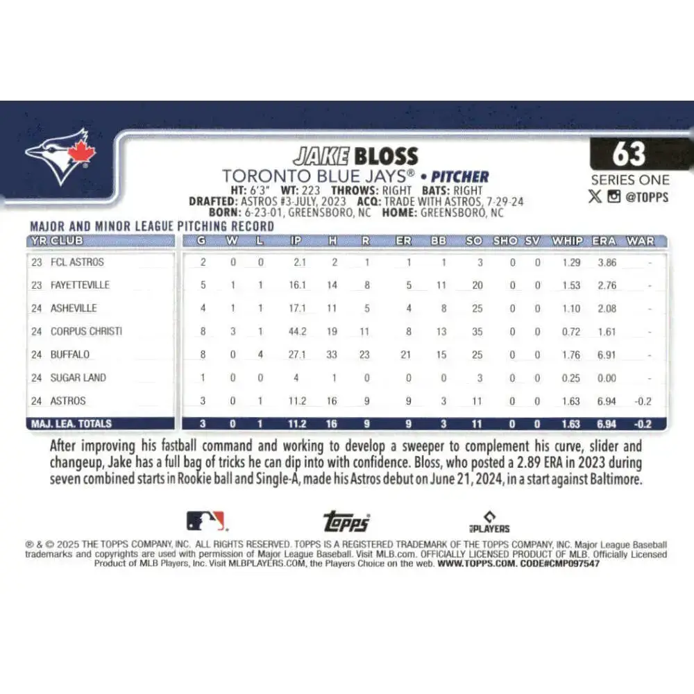 2025 Topps #63 Jake Bloss NM-MT RC Rookie Toronto Blue Jays Baseball Card - Baseball Card Single