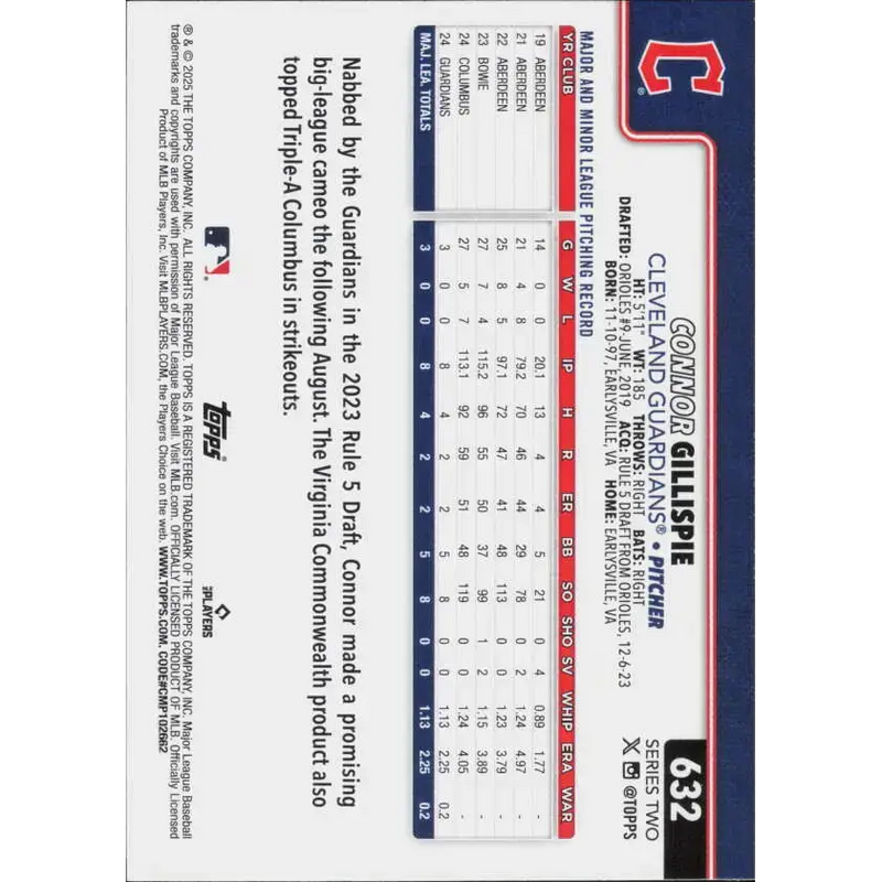 2025 Topps #632 Connor Gillispie NM-MT RC Rookie Cleveland Guardians Baseball Card - Baseball Card Single