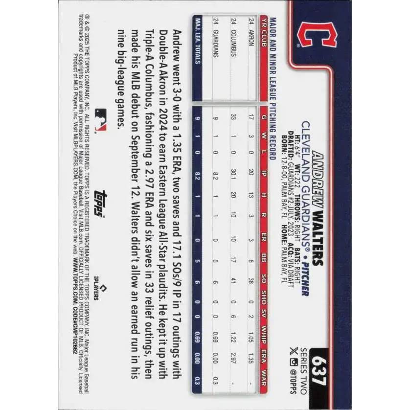 2025 Topps #637 Andrew Walters NM-MT RC Rookie Cleveland Guardians Baseball Card - Baseball Card Single