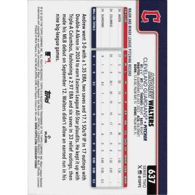 2025 Topps #637 Andrew Walters NM-MT RC Rookie Cleveland Guardians Baseball Card - Baseball Card Single