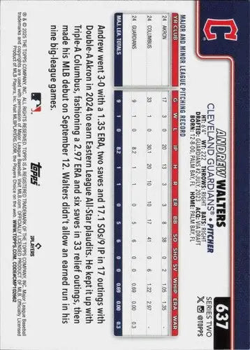2025 Topps #637 Andrew Walters NM-MT RC Rookie Guardians ID:78462 - Baseball Card Single