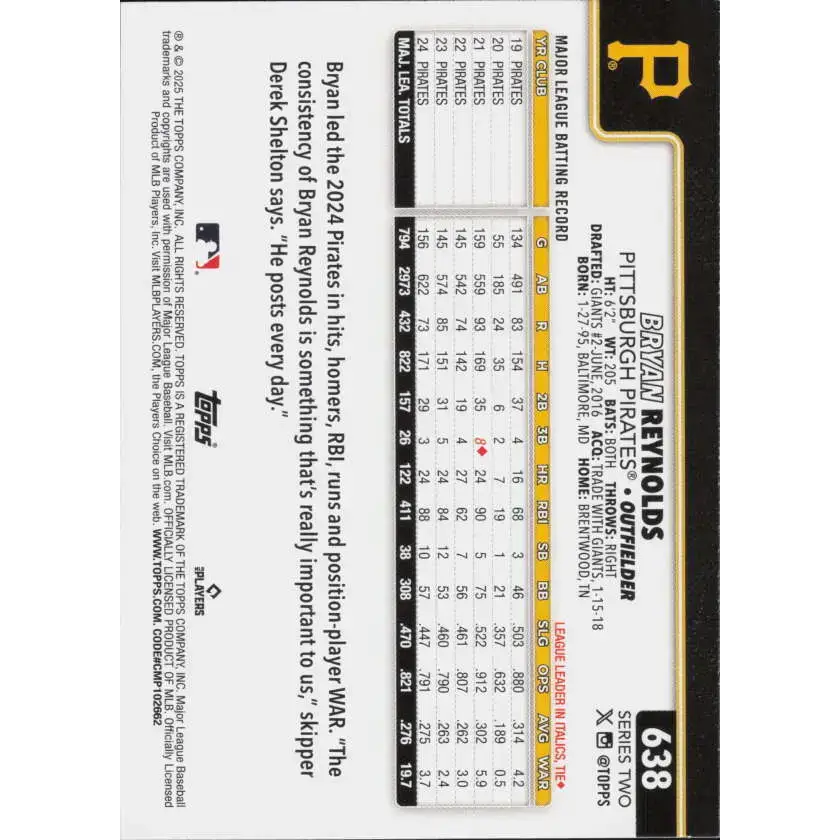 2025 Topps #638 Bryan Reynolds NM-MT Pittsburgh Pirates Baseball Card - Baseball Card Single